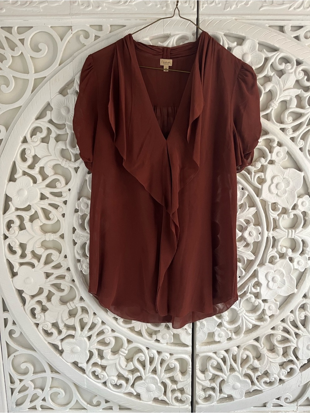 Babaton 100% Silk Blouse Rust Brown Short Sleeve Draped Front Size XS